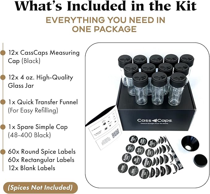Spice Jars & Measuring Caps Set – Measure Straight from The Spice Jar! Faster Meal Prep, No Mess, No Clean Up. 12 Pack Holiday Special!