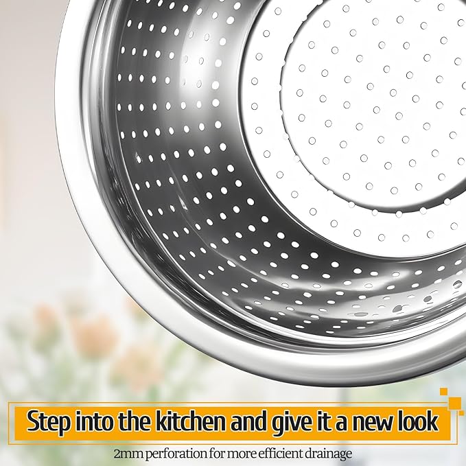 304 Stainless Steel Colander 5 Quart Large Capacity with Mixing Bowl, Large Bowl for Kitchen, Rice Strainer for Fruit Vegetable Washing, Pasta Straining and Food Mixing