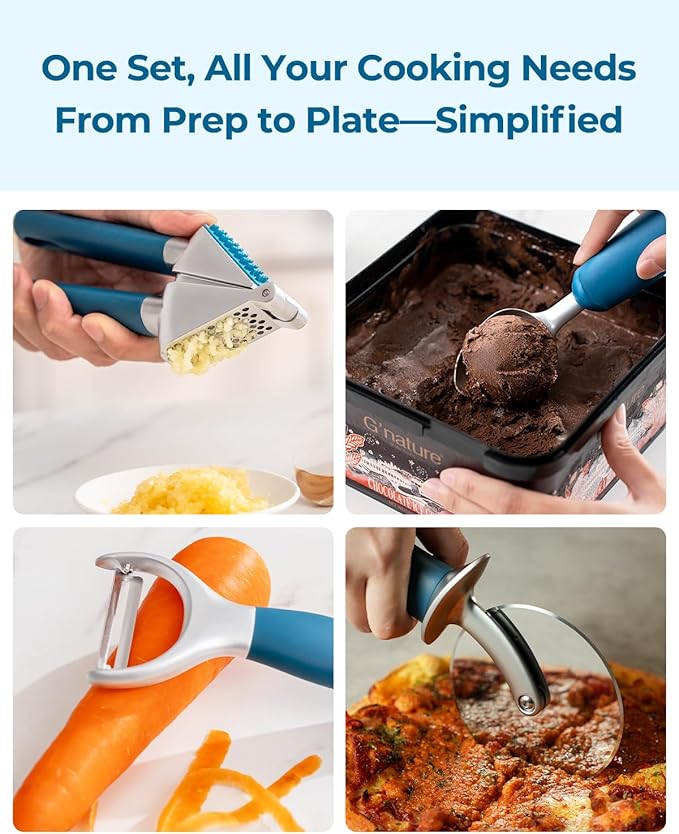 OOU Kitchen Gadget Set, 5 Piece Premium Zinc Alloy Kitchen Tools with Ergonomic TPE Handles – Includes Can Opener, Pizza Cutter, Garlic Press, Ice Cream Scoop, Peeler, and Wooden Storage Tray