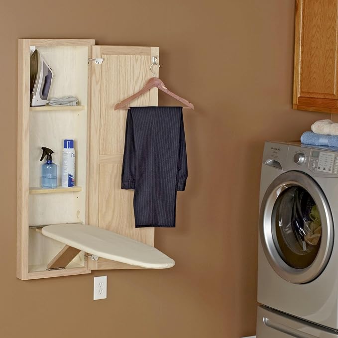 Household Essentials Ironing Board Cabinet, In-Wall Recessed Ironing Board Cabinet with Storage Shelves, Unfinished Wood, Oak