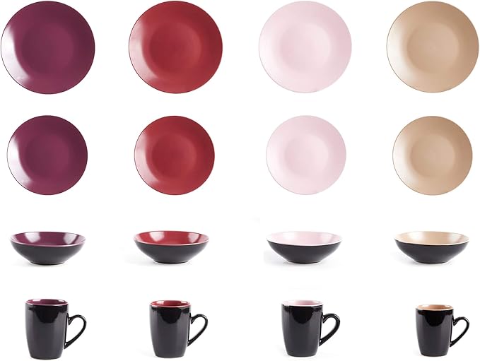 Colors Life 16 Dinnerware Set，Outside Shinny Black + Inside Matte Finished Color Very Berry