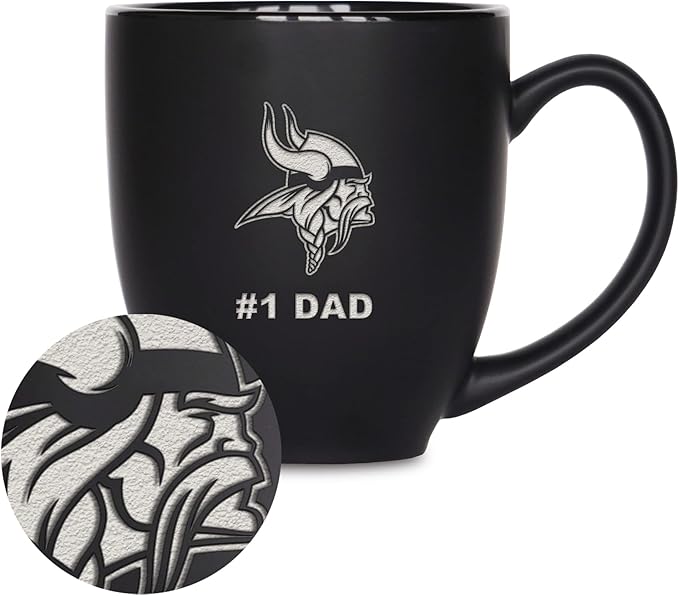 Rico Industries NFL Football #1 Dad 15oz Laser Engraved Matte Black Ceramic Bistro Mug - for Hot or Cold Drinks