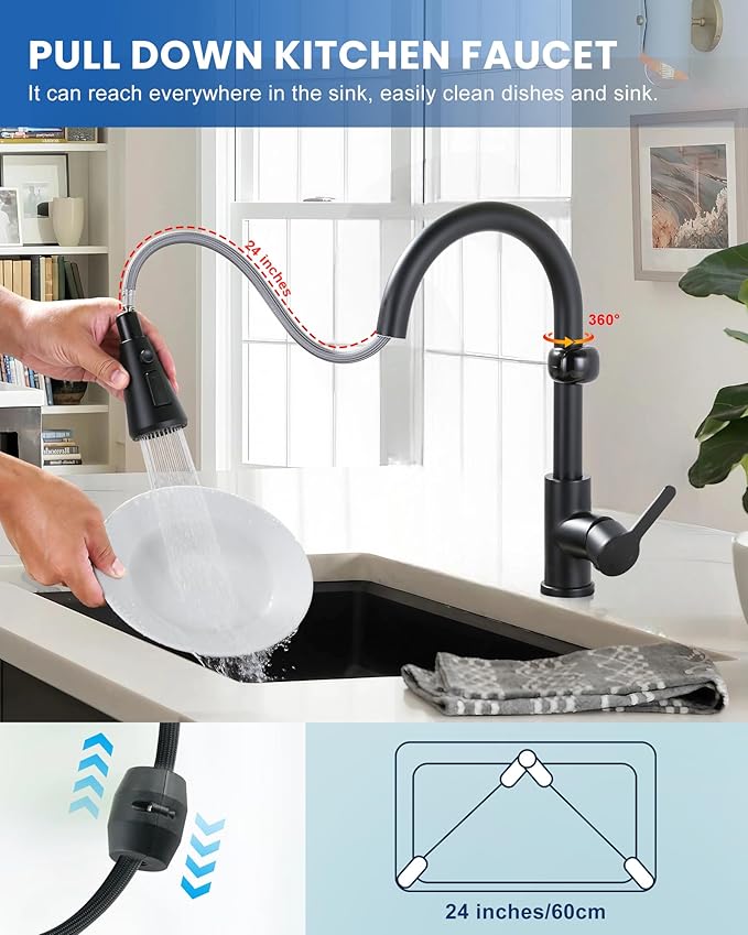 Touchless Kitchen Faucet Motion Sensor - Activated Smart Hands Free Kitchen Faucets with Pull Down Sprayer Single Handle Kitchen Sink Faucet,Matte Black