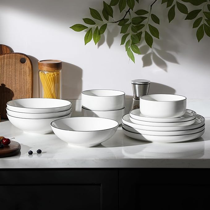 MALACASA Plates and Bowls Sets, 24 Pieces Modern Porcelain Dinnerware Set for 6 Ceramic Dishware Dishes White Kitchen Dinner Dining Ware Set wtih Black Rim Microwave and Dishwasher Safe, Series LUNA