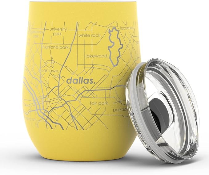 Well Told Engraved Dallas Texas Map Insulated Wine Tumbler, Etched Stainless Steel Cup (12 oz, Sunrise Yellow) City Map Insulated Tumbler, Custom Insulated Tumbler, Outdoor Drinkware