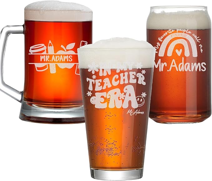 Personalized Teacher Gifts, Custom Beer Glasses for Women, Teachers Appreciation Gift, Engraved Funny Gift for Preschool Elementary High School Teacher Professor