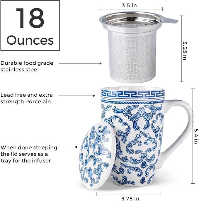 AmorArc Porcelain Tea Mug with Infuser and Lid, 18 Oz Tea Cup with Handle for Loose Leaf Tea, Gift for Tea Lovers of Men and Women