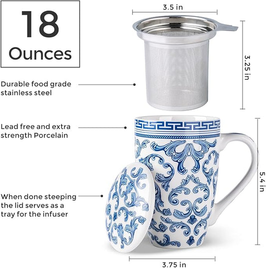 AmorArc Porcelain Tea Mug with Infuser and Lid, 18 Oz Tea Cup with Handle for Loose Leaf Tea, Gift for Tea Lovers of Men and Women