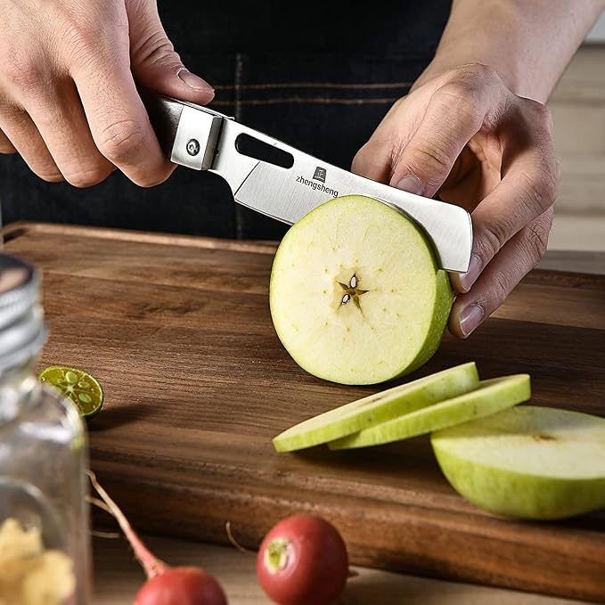 Folding Chef Knife with Nylon Pouch 4.8" Sharp 440A Stainless Steel Blade Wooden Handle Pocket Foldable Japanese Style Kitchen Knife for Outdoor Camping Cooking