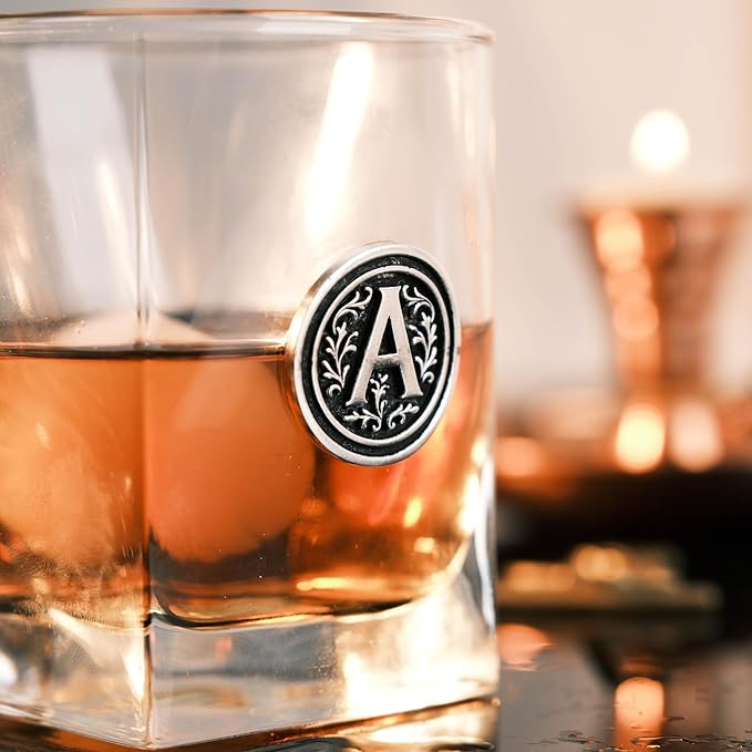 Personalized Whiskey Glass with Metal Initial – 10.5oz Premium Rocks Glass for Bourbon Scotch – Custom Engraved Letter Gift for Men Dad Groomsmen