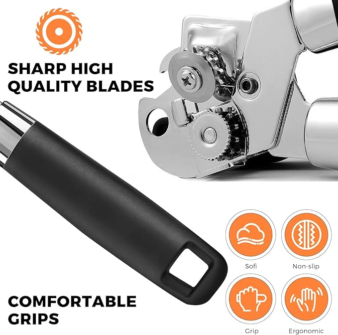 Can Opener Manual - Stainless Steel Heavy Duty Tin Opener Smooth Edge, Food-Safe Comfortable to Grip, Dishwasher Safe Anti Slip, Soft Ergonomic Handles Handheld Can Opener for Seniors Kitchen Camping