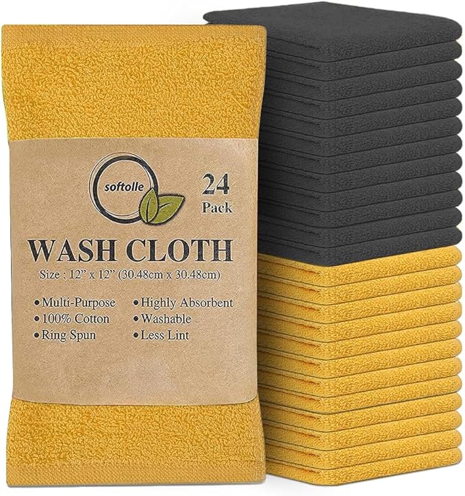 Softolle 100% Cotton Washcloths 24 Pack (12x12 Inches) Soft, Highly Absorbent Washcloth, Face Towels, Wash Cloths for Face, Ring Spun, Bulk Pack (Yellow/Grey)