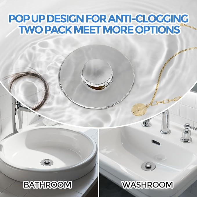 zaa Bathroom Sink Stopper - 2Pack Bathroom Sink Drain Strainer,Pop Up Bathroom Drain Stopper with Anti-Clogging Filter Basket,for 1.05~1.65 in U.S.Standard Basin Drain Holes,Silver