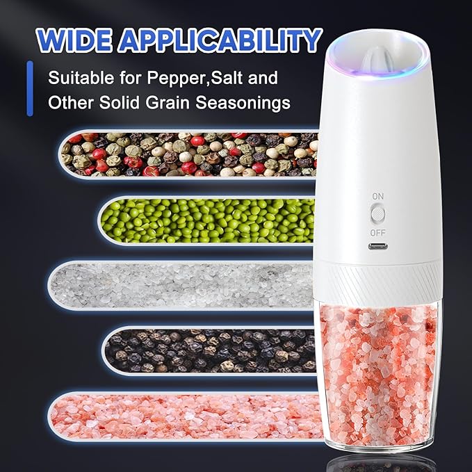 Gravity Electric Pepper and Salt Grinder Set, Adjustable Coarseness, With LED Light, One Hand Automatic Operation, 2 Pack (Black and white)