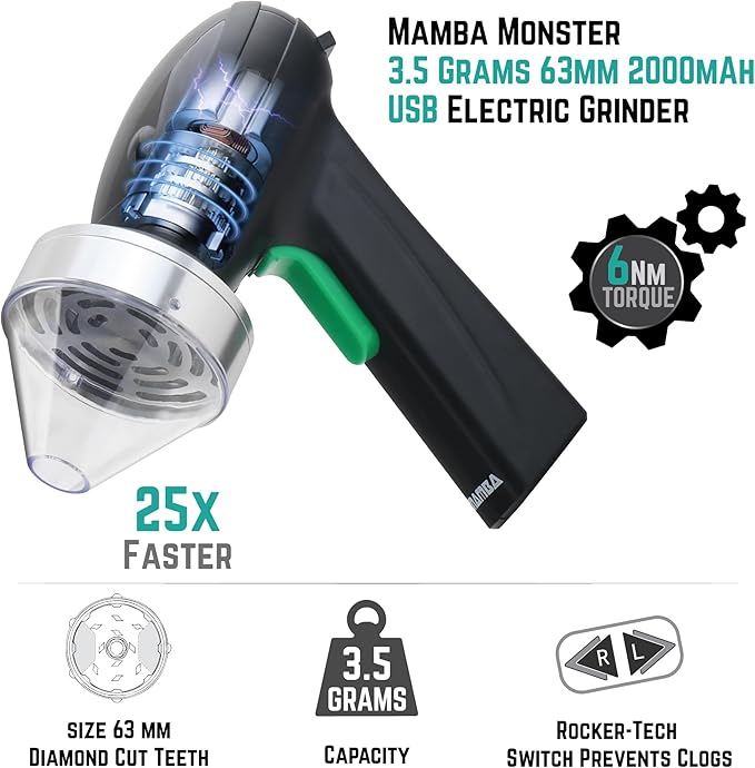 Mamba Monster 3.5g Silver USB Electric Herb Grinder. Large Capacity Portable Metal Herbal Machine & Spice Mill for the Kitchen