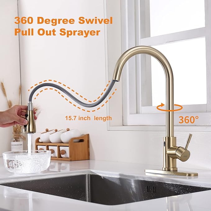 Touchless Faucet with Pull Down Sprayer, Motion Sensor & Soap Dispenser - Single High Arc Pull Out Faucet for Kitchen Sink, RV, Gold