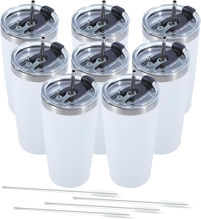 Dongni 20oz Tumbler Bulk Stainless Steel Vacuum Insulated Tumblers with Lid Double Wall Travel Mug Powder Coated Coffee Cup, Suitable for Ice Drinks and Hot Beverage（White 8 pack）