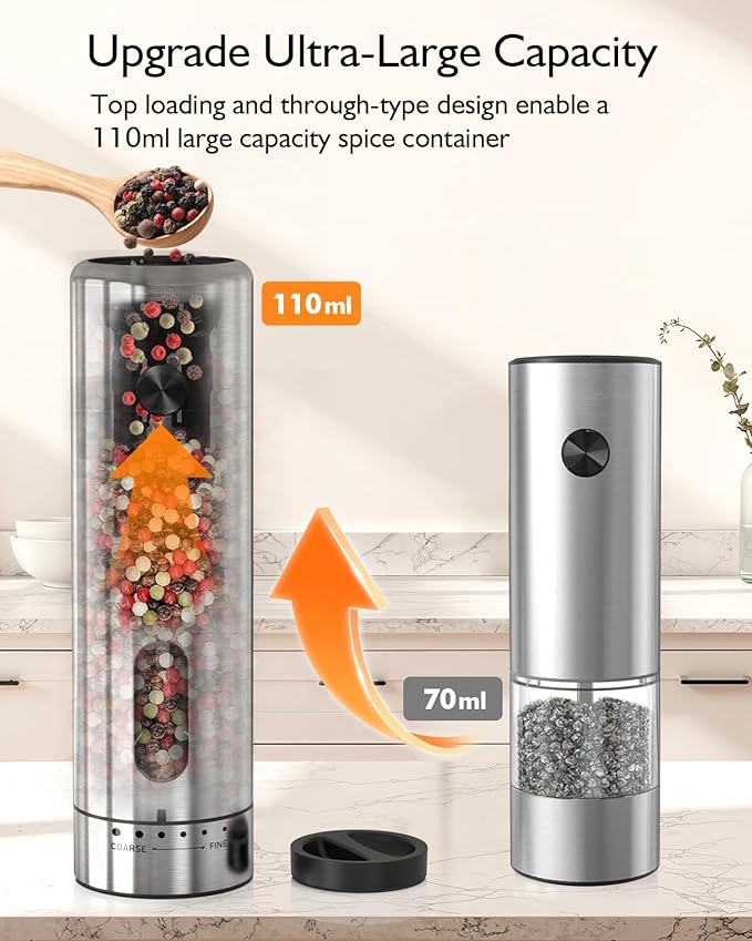 Electric Salt and Pepper Grinder Set, Upgraded 2-Speed Setting, External 6 Adjustable Coarseness, USB C Dual Rechargeable Base, All Stainless Steel Automatic Salt & Pepper Mill Shakers with LED Light