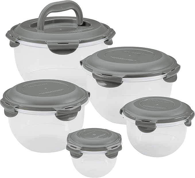 Rachael Ray Leak-Proof Nestable Container Food Storage Bin Set, 10-Piece, Clear with Gray Lids