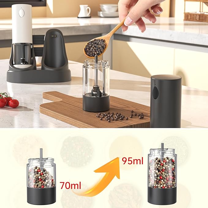 RECHARGEABLE - Electric Pepper and Salt Grinder Set, Adjustable Coarseness, With LED Light, One Hand Automatic Operation (C/Black&white)