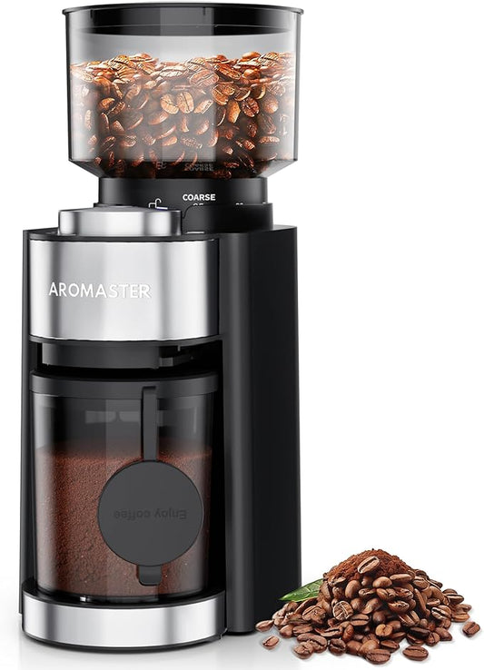 Aromaster Conical Burr Coffee Grinder with 25 Grind Settings,Adjustable 2-12 Cups Timer,Coffee Bean Grinder,3-Ear Portafilter Holder, Anti-static Design,Cleaning Brush Included,Premium Black