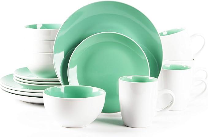 Stoneware Coupe Shape 16pc Dinnerware Set, Outside White + Inside Teal