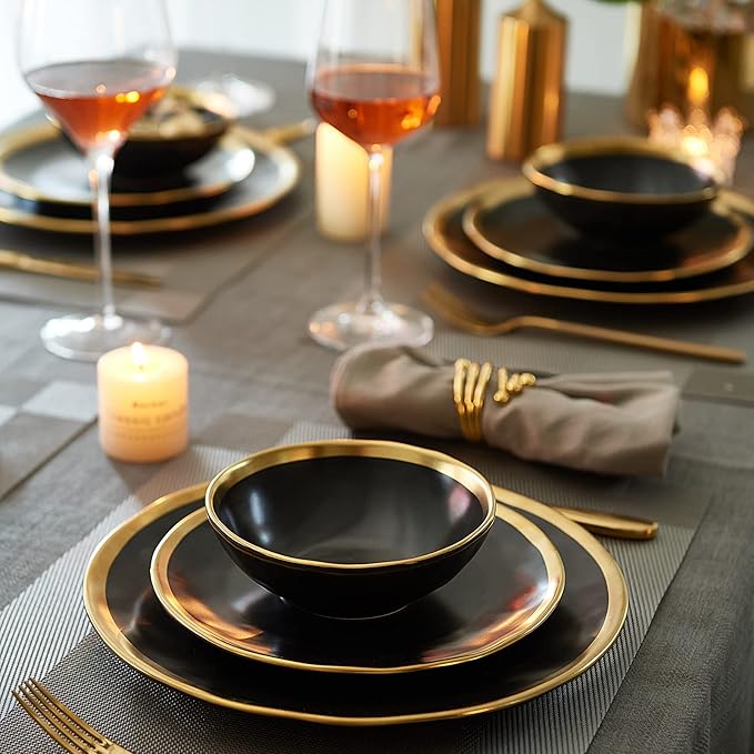 Black Luxury Plates and Bowls Sets, 12 Piece Porcelain Dinnerware Sets Service for 4, Modern Dinner Plates Set, Gold Rim Dish Set for Wedding Anniversary Birthday