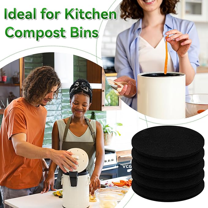 6 Pack Charcoal Filters for Compost Bucket, 6.7 Inch Compost Filters for Countertop Bin, Activated Carbon Replacement Filters for Kitchen Compost Bins, Home Bucket Compost Bin Refill, Round