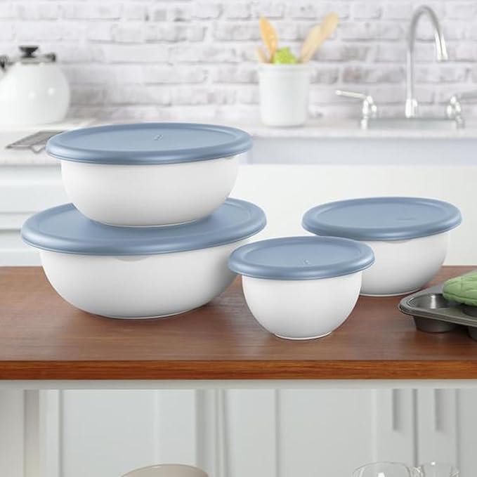 Sterilite Covered Bowl Set, Plastic Nesting Kitchen Mixing Bowls with Pour Spout, Meal Prep Food Storage Containers with Lids, Washed Blue (Set of 6)