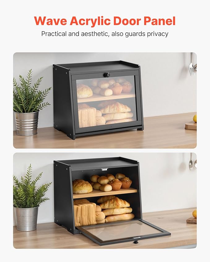 VEVOR Double Layer Bread Box for Kitchen Counter, Large Capacity Bamboo Bread Storage Container, Farmhouse Wooden Breadbox for Homemade Bread, Storage Holder Bin with Acrylic Wavy Door Panel, Black
