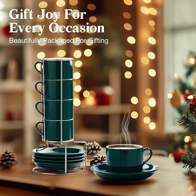 5 Ounce Green Porcelain Stackable Espresso Cups with Stainless Steel Holder, Set of 4, Durable Ceramic, Perfect for Home, Office or Gift