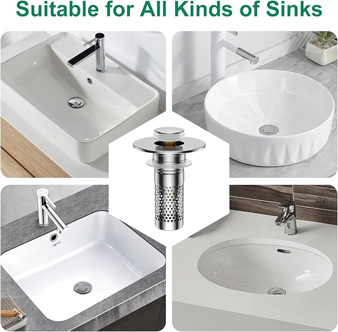 Bathroom Sink Drain Strainer,Universal Pop-Up Sink Stopper Hair Catcher, Stainless Steel Anti-Clog Drain Filter Basket, Removable Sink Drain for Bathroom Sink Stopper Replacement (Silver-4pcs)