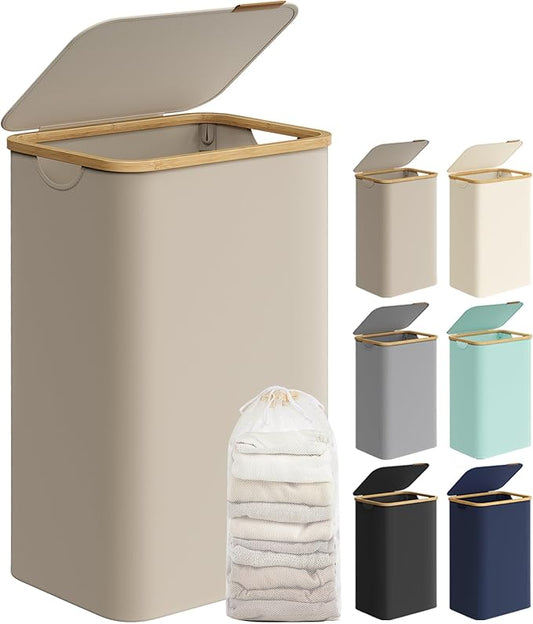 SONGMICS Laundry Hamper with Lid, Large Laundry Basket, 23.8 Gallons (90L), Removable Mesh Liner, Bamboo Handles, Collapsible, 16.5 x 12.6 x 27.8 Inches, Camel Brown ULCB509N01