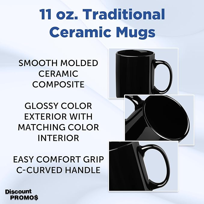 DISCOUNT PROMOS Ceramic Mugs – 11 oz. Set of 10, Personalized Bulk Pack, Perfect for Hot or Iced Drinks, Gaming – Black