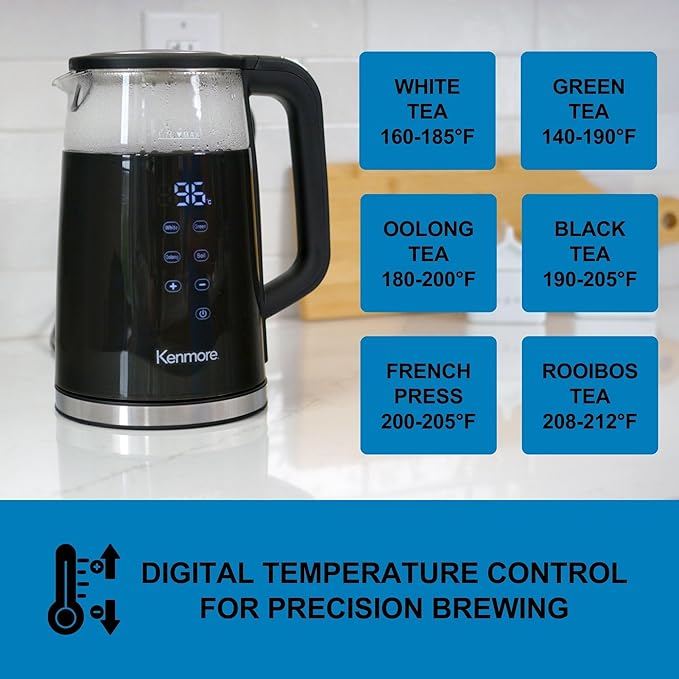 Kenmore Electric Kettle - Cordless Digital Calentador De Agua, Instant Pot Tea Kettle, Preset Temperature Control, Automatic Shut- Off, Cool Touch, Hot Water Boiling Heater, 1.7 Liter Black