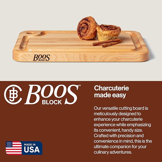 John Boos Prestige Series Rectangular Wooden Maple Cutting Board 18”x12” – 1.25” Thick, 8-lb Reversible Butcher Block with Juice Groove, Edge-Grain & Finger Grip Hole – Made in the USA
