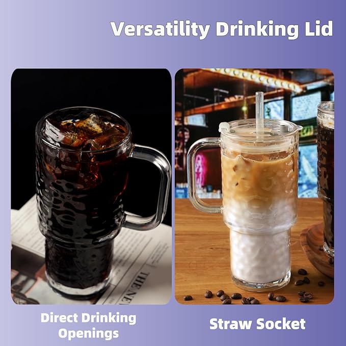 20 oz Glass Tumbler with Handle Set, 2 Pcs Clear Stanley Cup with Straw and Lid, Reusable Glass Cups for Coffee, Tea, Coffee, Juice, Yogurt, And Soda Water