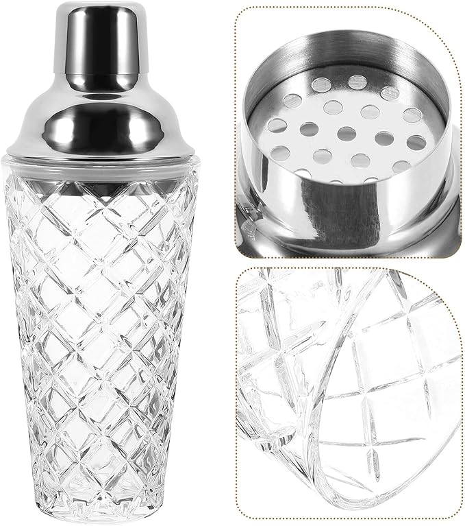 Glass Cocktail Shaker with Stainless Steel Lid Transparent Hand Shaker for Mixing Cocktails Milk Tea and Beverages Bar Tool with Stylish Pineapple Texture Cap for Home Bartenders