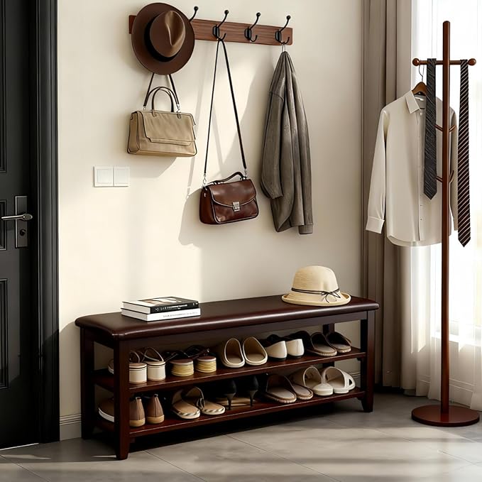 Shoe Bench Storage with Leather Cushion, Rustic Solid Wood Entryway Bench with 2 Height-Adjustable and Removable Shelves for Hallway, Living Room, Mudrooms (Dark Brown,47.2")