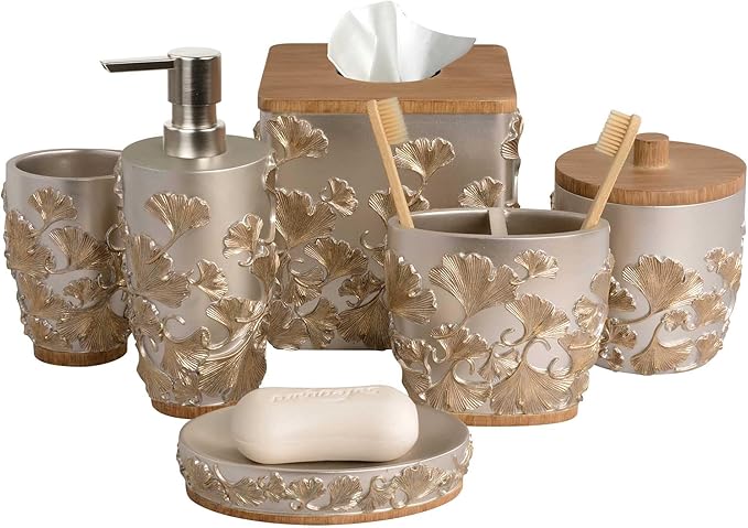 Decozen Bathroom Accessories Set 6Pcs – Soap Dispenser, Toothbrush Holder, Tumbler, Soap Dish & Cotton Swab Jar – Modern Bathroom Decor, Bath Set for Christmas Decor, Valencia