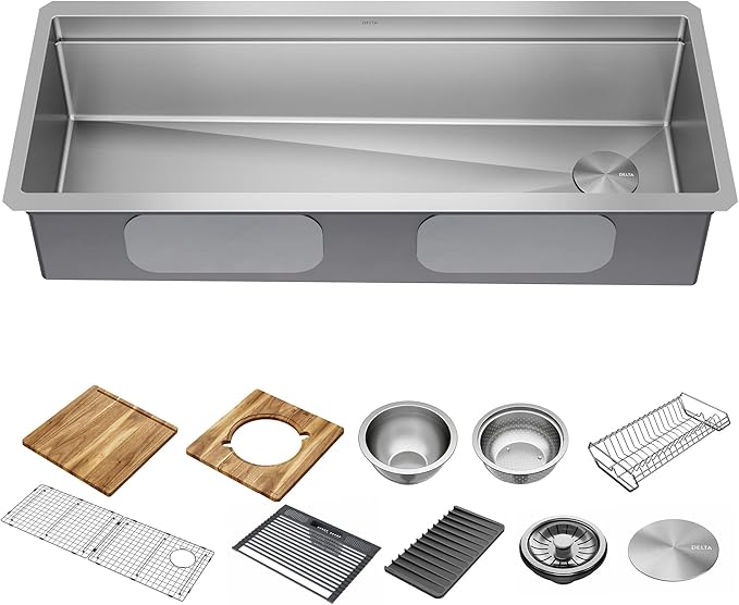 DELTA FAUCET Lorelai 45-inch Workstation Kitchen Sink Undermount 16 Gauge Stainless Steel Single Bowl with 2-Tier WorkFlow Ledge and Chef’s Kit of 11 Accessories, 95BA132-45S-SS