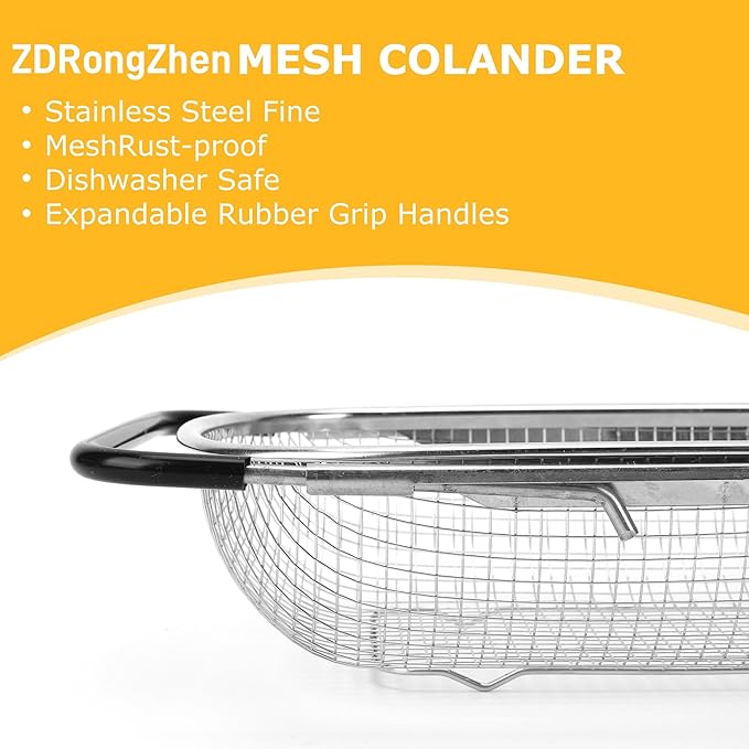 ZDRongZhen Kitchen Accessories Over the Sink Colander Strainer Basket，Stainless Steel Colander with Expandable Rubber Grip Sink Drainer-Rinse Vegetables Fruits &Strain&Drain (Medium-grid)