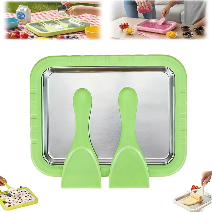 Rolled Ice Cream Maker Kit, New At-Home Stainless Steel Instant Freeze Plate with 2 Scrapers,DIY Rolled Ice Cream Tray Instant Ice Cream Maker (Green-1PC)