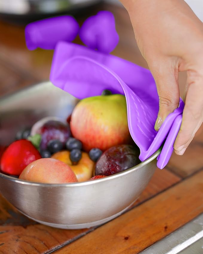 Clip On Kitchen Food Strainer for Spaghetti, Meat, Pasta, & Ground Beef Grease, Colander & Sieve Snaps or Clips Onto Bowls, Pots & Pans Includes Silicone Drainer, Brush & Garlic Peeler (Purple)
