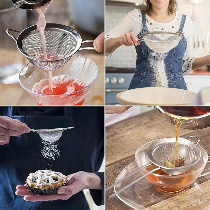 ELEEN Premium Stainless Steel Fine Mesh Strainers for Kitchen 3-Piece Set with Non-Slip Handle, Small, Medium & Large Sieves, Colanders and Sifter for Sifting, Straining, Pastas Tea, Rice Vegetables