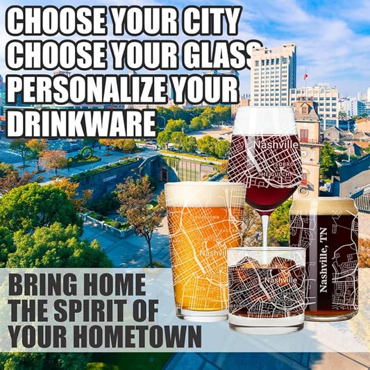 Blue Ridge Mountain Gifts - Nashville Souvenir - Tennessee Glassware Gift, Etched City Map, Laser Engraved and Dishwasher Safe