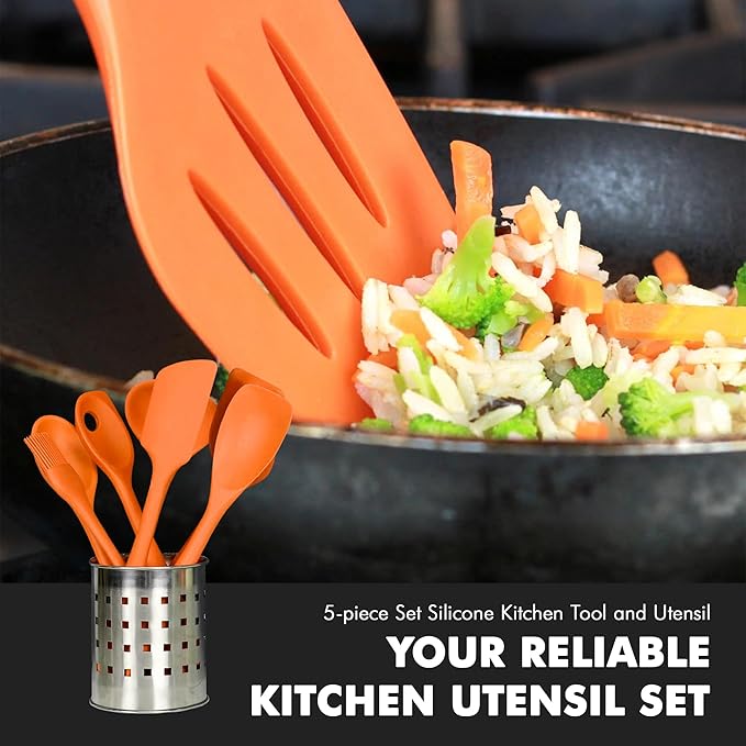 Chef Craft Premium Silicone Kitchen Tool and Utensil Set, 5 Piece, Orange