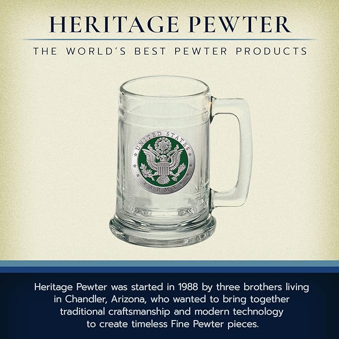Heritage Pewter Army Beer Stein Glass | 15 Ounce German-Style Beer Glass | Intricately Crafted Metal Pewter Alma Mater Inlay