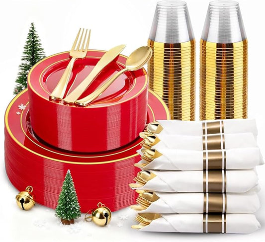 175 Pieces Red Plastic Plates with Gold Rim Include Dinner Plate 10”, Dessert Plate 7”, gold Cups 9 OZ, Pre Rolled Napkins 25 of each type for Christmas Party