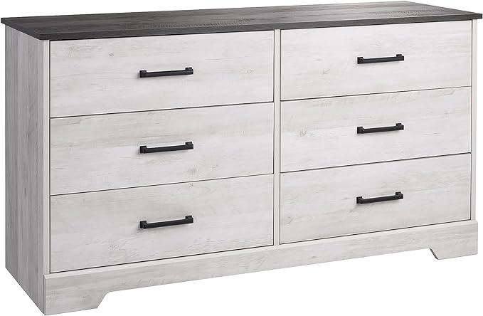 Prepac Rustic Ridge Farmhouse 6-Drawer Double Dresser, Washed White Dresser for Bedroom, Chest of Drawers with 6 Storage Drawers, 53.25” wide x 18.25” deep x 28.5” tall, Washed White